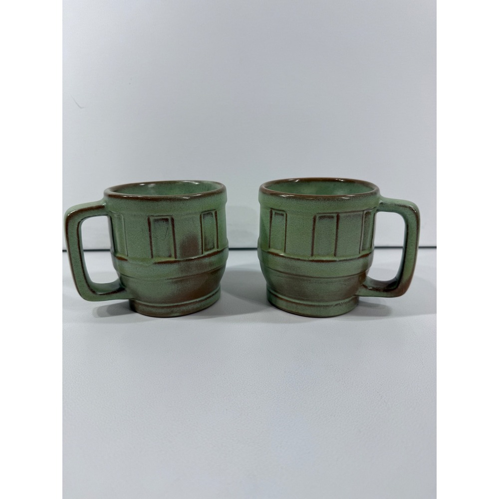 Frankoma Pottery Prairie Green 94M Barrel Mugs Set of 2 Vintage Stoneware